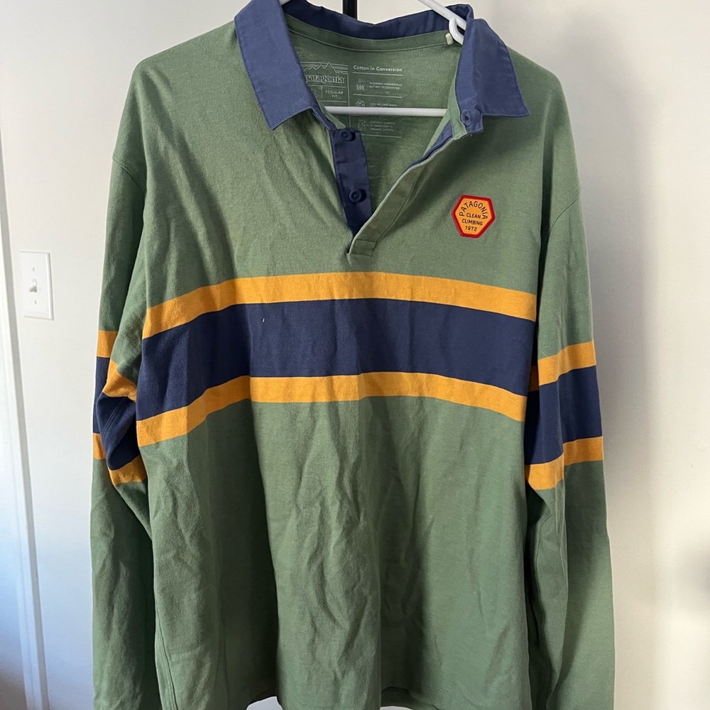 Patagonia Vintage Green Rugby Shirt with Navy and Gold Stripes
